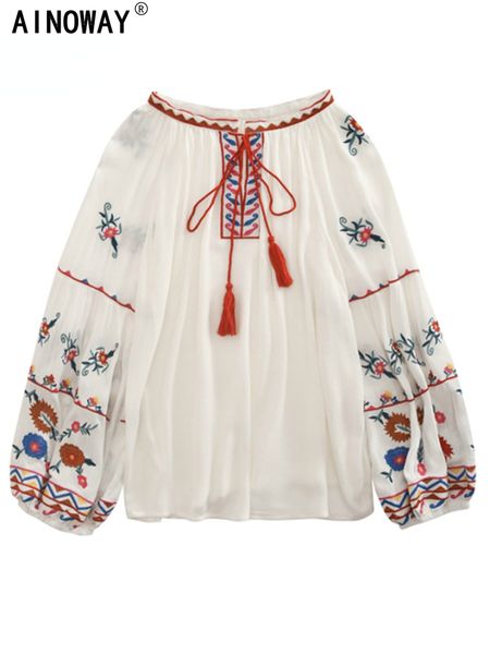 

vintage chic women tassel bohemian floral embroidery beach kimono blouse shirt long sleeve loose boho shirts blusas 220810, White