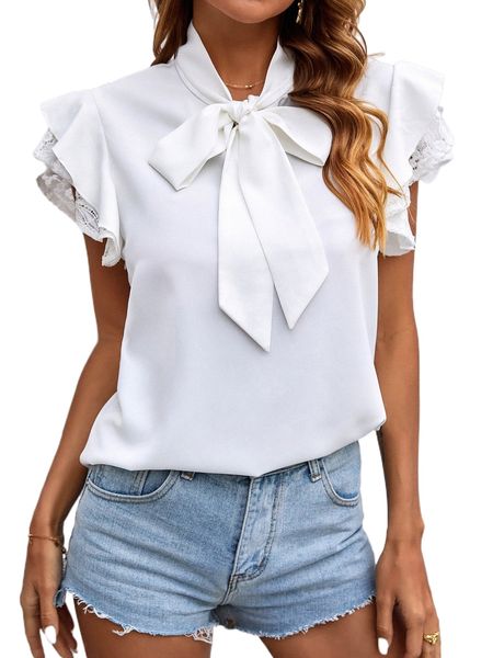 

solid butterfly sleeve tie neck blouse t5tn#, White