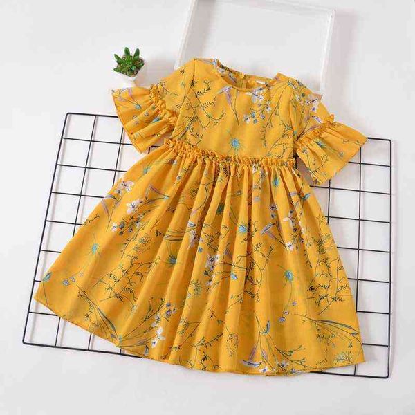 

kids girl summer dress casual short sleeves flare sleeve ruched floral print girls roupa infantil pageant sweet sundress 3-7y g220428, Red;yellow