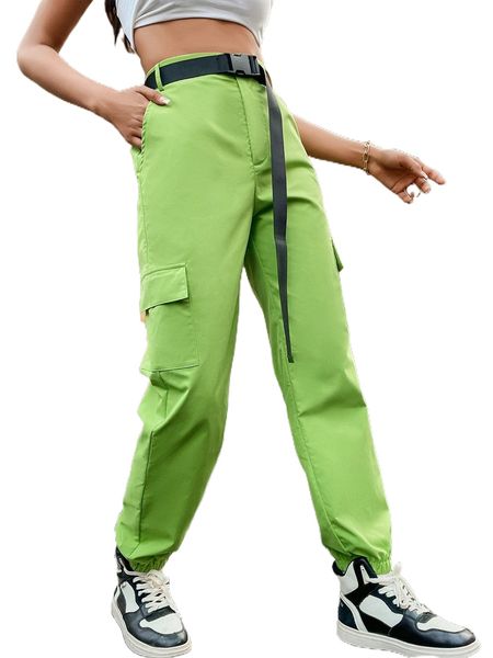 

high waist slant pocket belted cargo pants l666#, Black;white