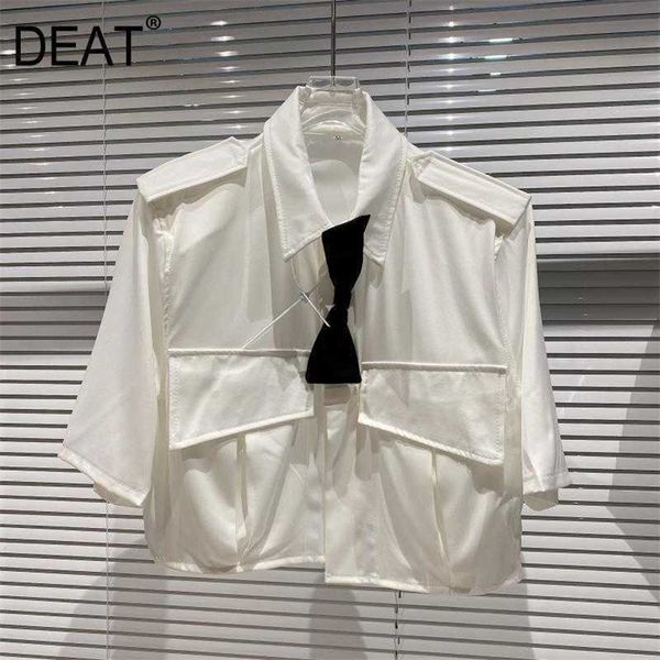 

deat spring summer arrivals white turn-down collar with bow single breasted shoulder strap fashion women shirt mz848 210709