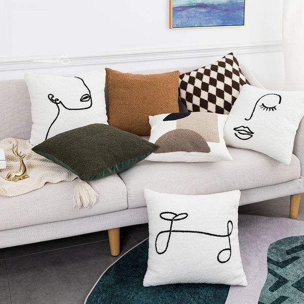 Abstrakter Stickerei-Kissenbezug, 45 x 45 cm, weißes geometrisches Kissen, handgefertigte Baumwolle für Sofa, Bett, Stuhl, Wohnzimmer, Zuhause, W220412