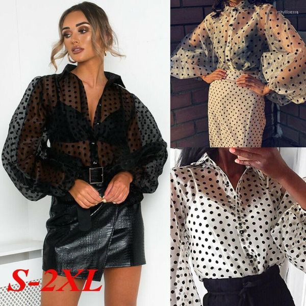 T-shirt da donna Fashion Women Polka Dot Mesh Sheer Top a maniche lunghe trasparenti T-shirt Phyl22