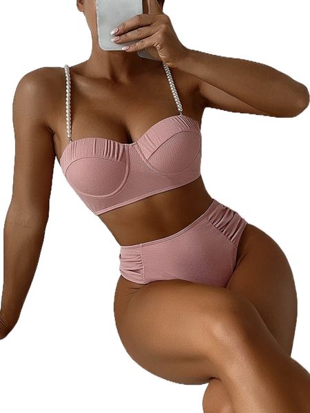 

rib ruched push up high waisted bikini swimsuit 1675#, White;black