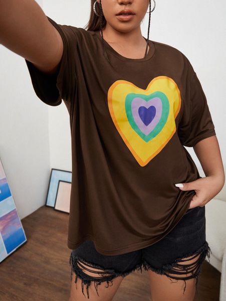

plus heart print drop shoulder tee g27l#, Black