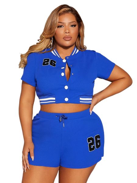 

sxy plus number print crop jacket & track shorts z89j#, Black