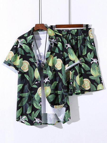 

men random fruit print shirt & drawstring shorts without tee q92i#, Gray