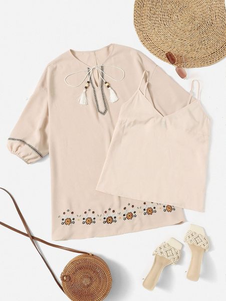 

plus tie neck floral print with camisole p4pf#, Black