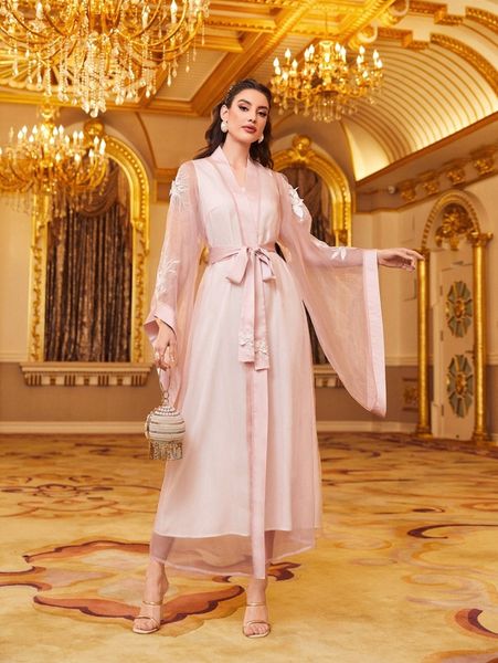 

floral applique belted mesh coat & solid dress 656n#, White