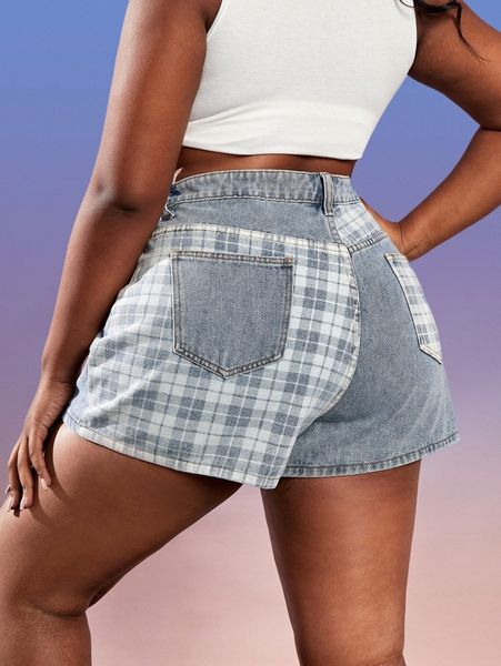 

plus plaid print asymmetrical waist denim shorts g3gn#, White;black