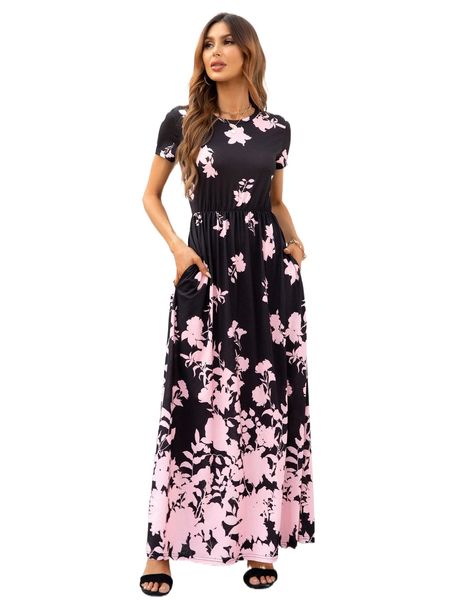 

dearcase floral print hidden pocket maxi dress a0fc#, Black;gray