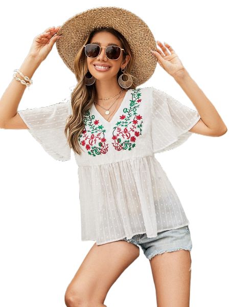 

floral embroidery swiss dot butterfly sleeve peplum blouse v0nl#, White