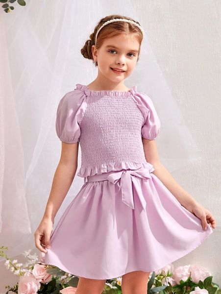 

girls puff sleeve shirred with belted skirt she, White