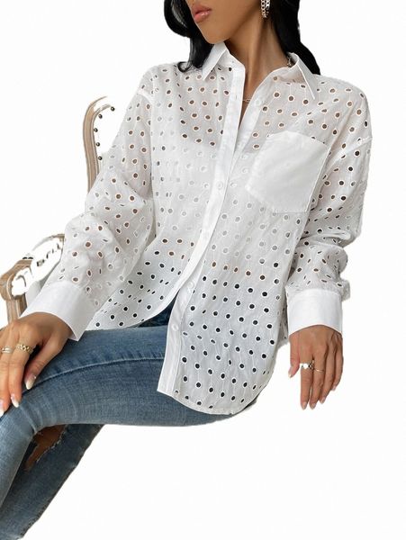 

eyelet embroidery button up shirt m2gm#, White