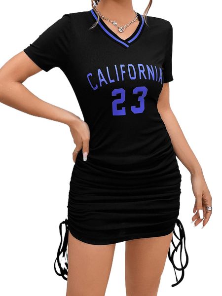 

letter graphic drawstring side bodycon dress 57aa#, Black;gray