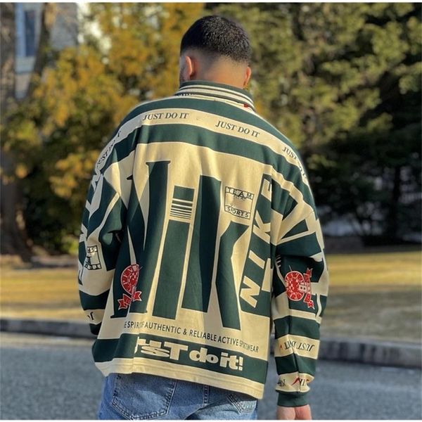 

branded designer co hoodieus cpfm go flea lettered print contrast polo shirt oversize long sleeve bicv349a, Black