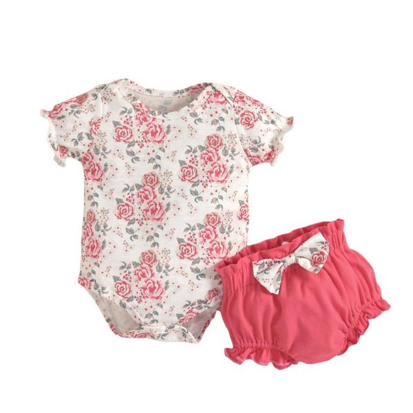 Kleidungssets Baby Mädchen Sommeranzug Blumendruck Rundhalsausschnitt Kurzarm Bottom Snap Jumpsuit Bow Design ShortsClothing