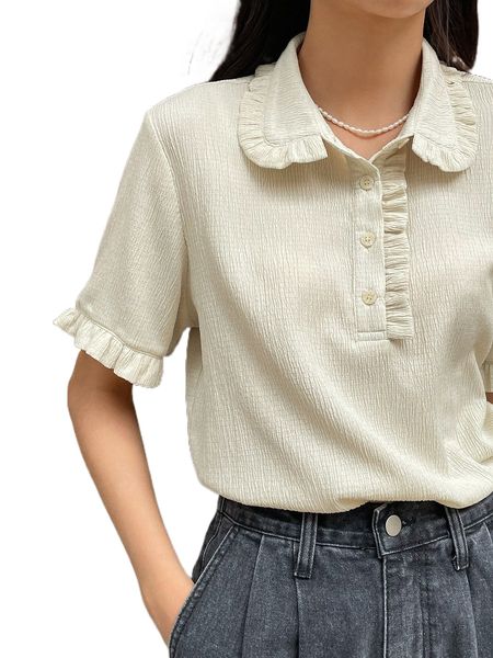

dazy frill trim half button placket tee j706#, White