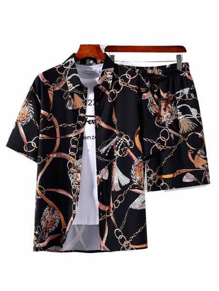 

men random chain print shirt & drawstring waist shorts without tee a7tw#, Gray