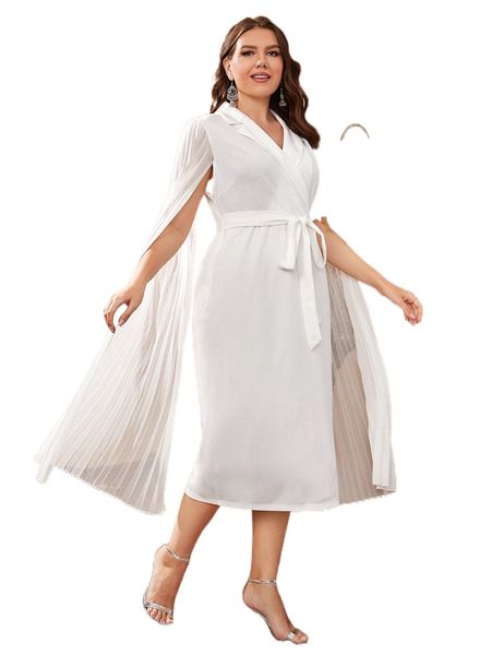 

plus surplice neck contrast mesh belted dress f7sn#, Black