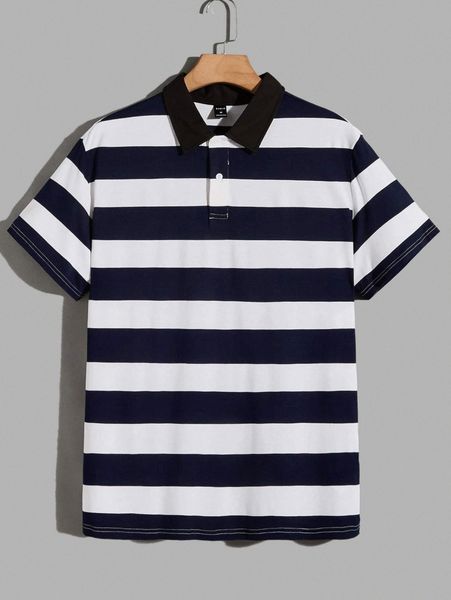 

men striped print contrast collar polo shirt a1s1#, White;black