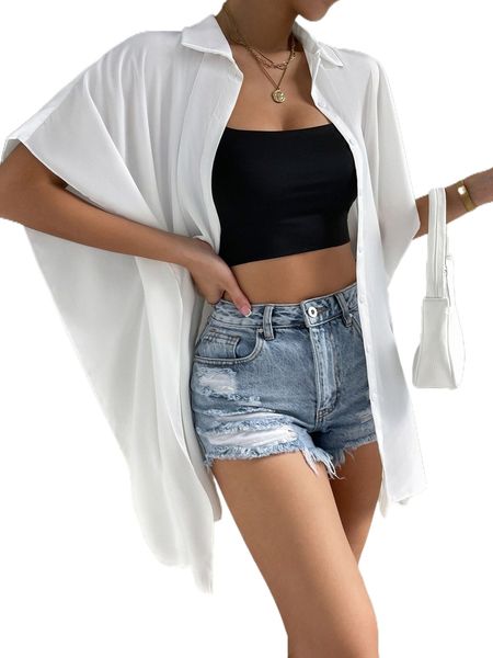 

solid cloak sleeve button through shirt e8hr#, White