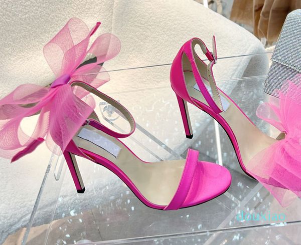 2022 sandali con tacco alto rosa rosa vamp tacco croce grande fiocco fluorescente vamp open toe strap scatola da scarpe taglia 35-42