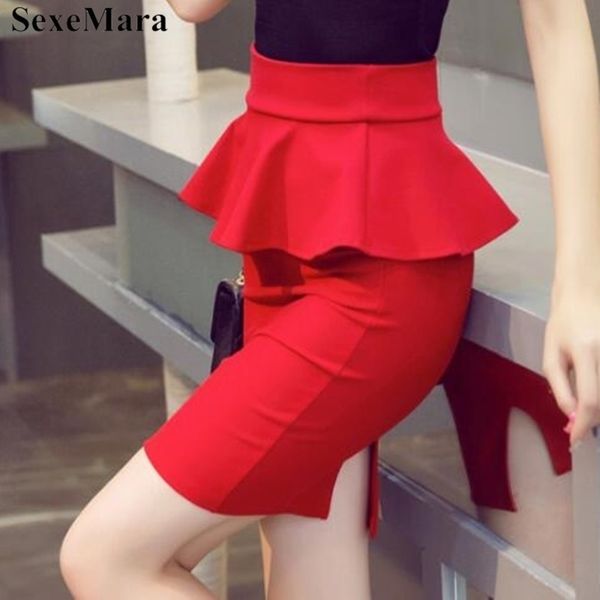 

sexemara spring 5xl big size peplum office lady frilly female mini pencil slit red black skirt y200326