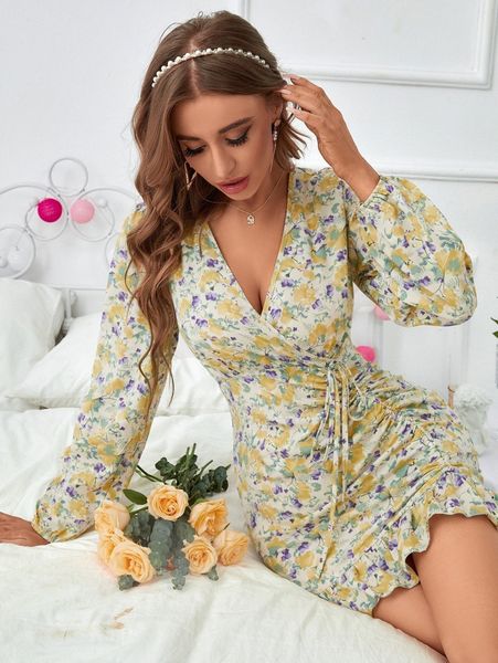 

floral print drawstring ruffle hem dress j47d#, Black;gray