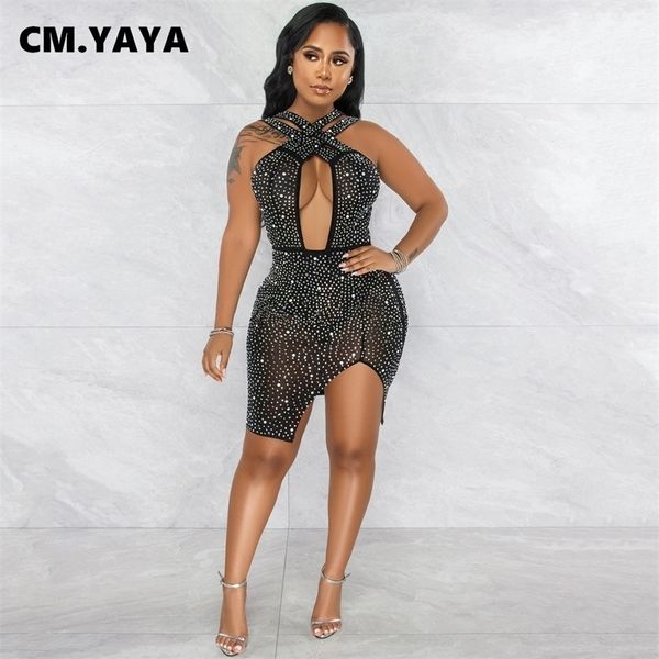 

cm.yaya women diamonds rhinestones crystal cross criss open front side split midi bodycon dress party vestidos dresses 220516, Black;gray