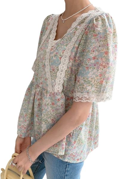 

dazy allover floral print contrast lace peplum blouse c5ku#, White