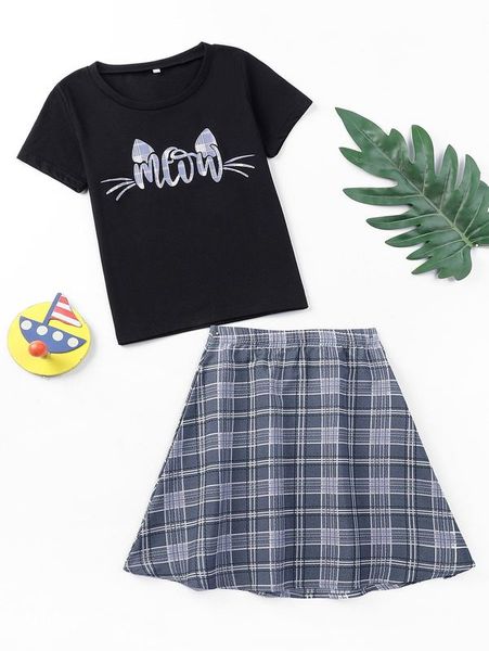 

girls' checkered and lettered t-shirts and skirts she, White