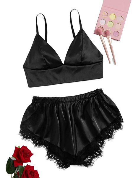

lace trim satin lingerie set u36s#, Black;red