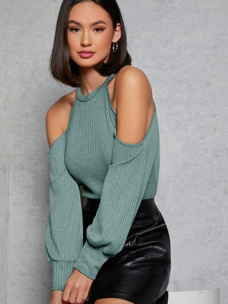 

cold shoulder rib-knit tee 73ry#, White