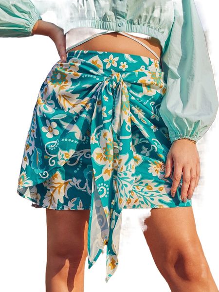 

plus floral print wrap tie front skirt i2yb#, Black