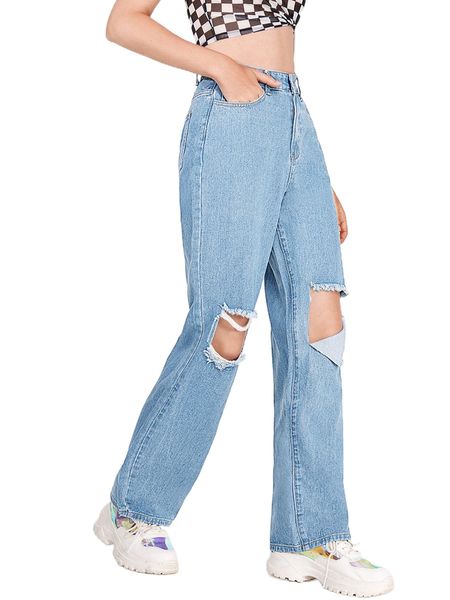 

high waisted ripped slant pocket boyfriend jeans t6lt#, Blue