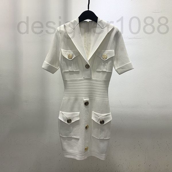 

casual dresses designer women's 2022 summer new suit collar pocket tongle slim fitting knitted pullover short sleeve buttock wrap dress, Black;gray