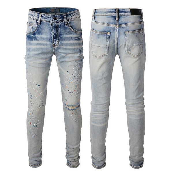 Jeans de grife masculino jeans rasgado com buraco magro ajuste slim moto moto spray de perna reta em angústia vintage para caras calças de calça longa zíper azul