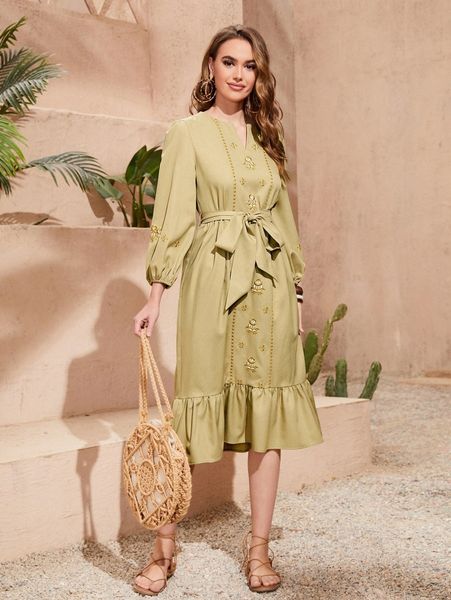 

floral embroidery notched neckline ruffle hem belted dress s0jb#, Black;gray