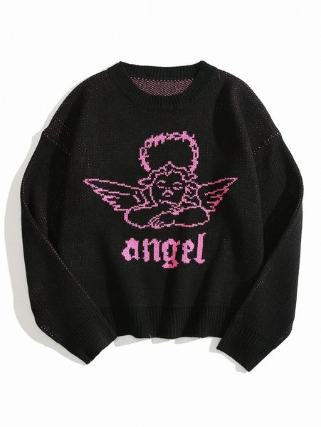 

angel & letter graphic drop shoulder sweater g1r5#, White;black
