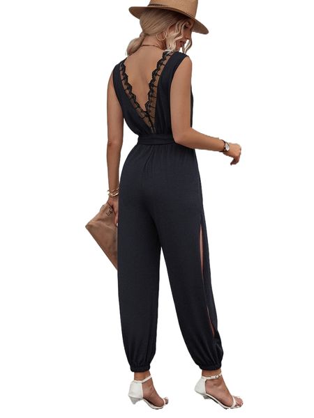 

scallop lace trim backless knot split thigh jumpsuit g1v3#, Black;white