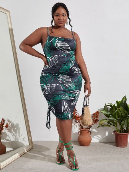 

sxy plus tropical print drawstring side cami bodycon dress a9xm#, Black
