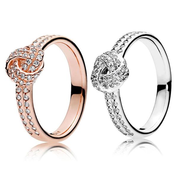 

925 sterling silver sparkling love knot ring set original box for pandora grain women wedding cz diamond 18k rose gold ring257r, Slivery;golden