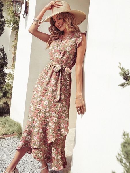 

allover floral print ruffle wrap hem belted dress u1gs#, Black;gray