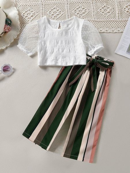 

toddler girls contrast dobby mesh & striped colorblock belted pants she, White