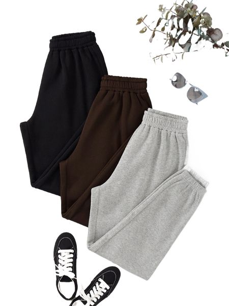 

3pcs solid elastic waist thermal lined sweatpants n8vy#, Black;white