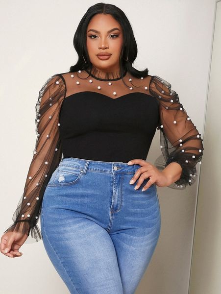 

sxy plus pearls beaded flounce sleeve contrast mesh z5nk#, Black