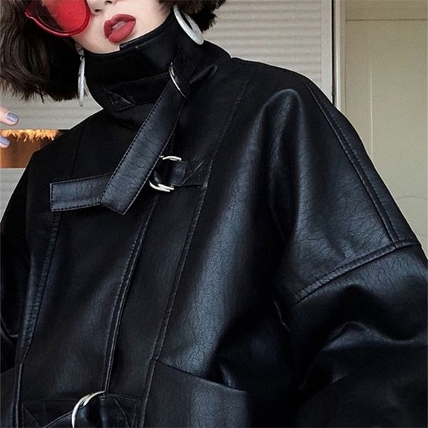 

ftlzz women faux leather jacket batwing sleeve moto biker short zipper pu black jacket spring street leather coats 220815