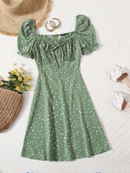 

polka dot ruched bust dress h5wd#, Black;gray