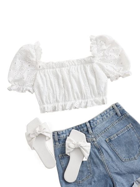 

square neck frill trim ruffle hem puff sleeve crop b5lj#, White